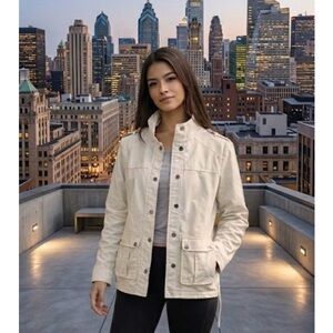 Baccini Women’s Moto Jacket – Faux Leather White, Size Large. NWOT.